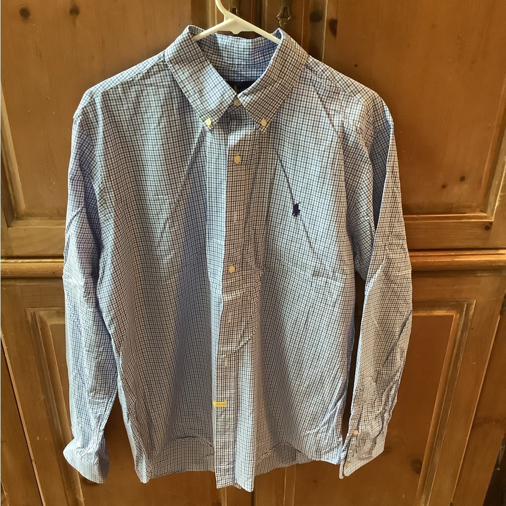 RALPH LAUREN MENS L BLUE & WHITE SMALL CHECK BUTTON DOWN DRESS SHIRT